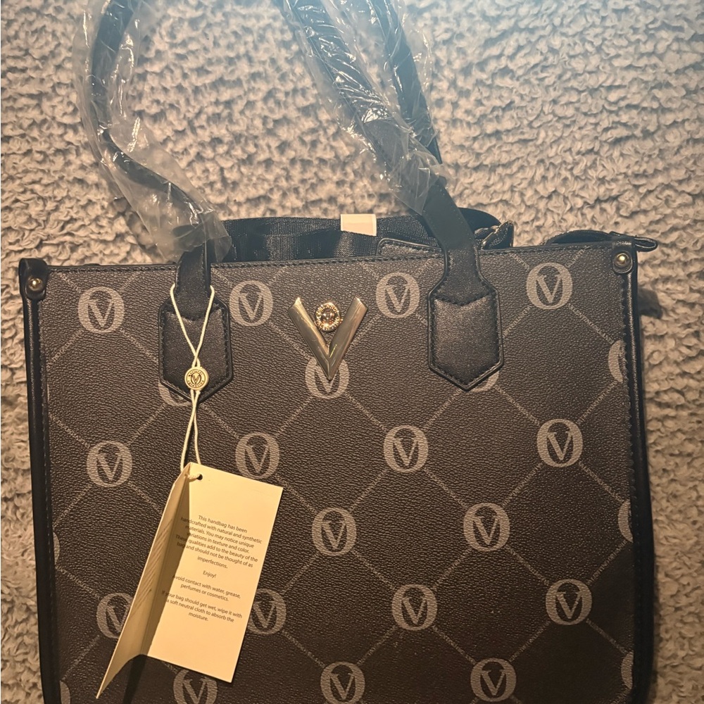 Valentino Orlandi Black Patterned Tote with V Emblem